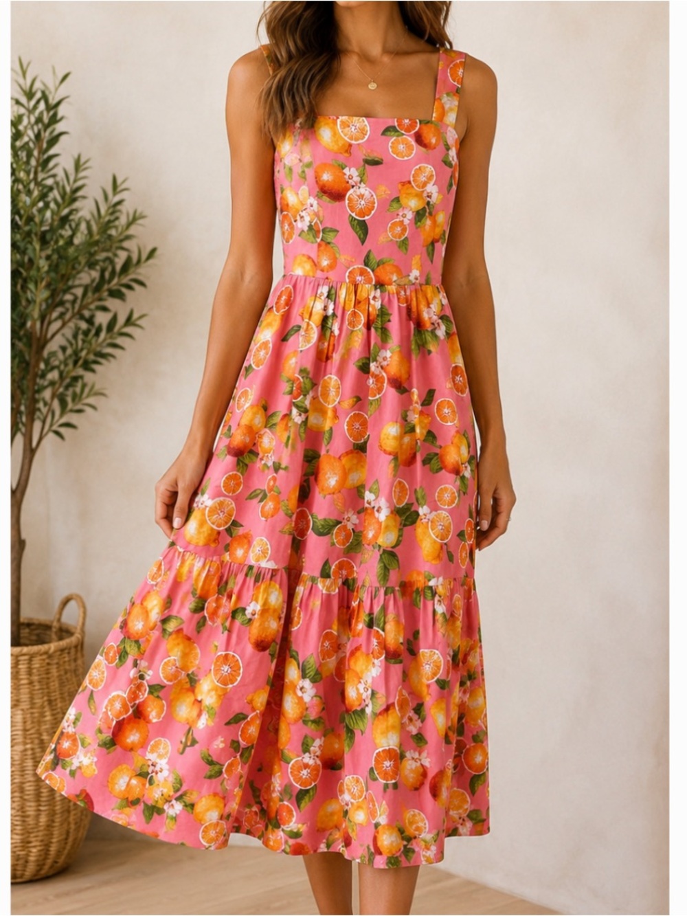 Talbots Pink Orange Tiered Print Midi Dress
